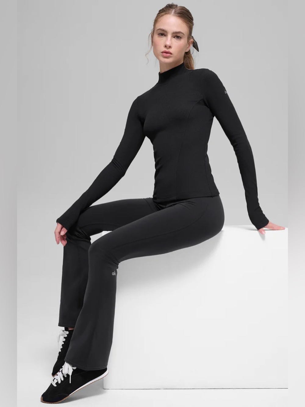 Black Athletic Long-Sleeve Top & Flared Leggings Set